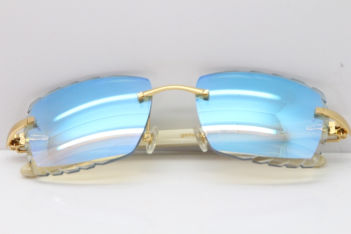 Cartier Rimless 8300816 Original White Genuine Natural Sunglasses In Gold Ice Blue Carved Lens