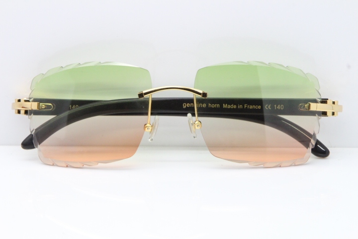 Cartier Rimless 8300816 Original White inside Black Buffalo Horn Sunglasses In Gold Green Mix Brown Carved Lens