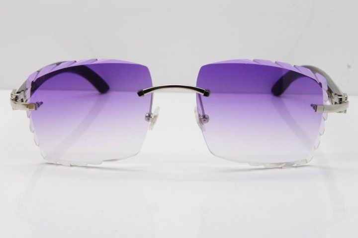 Cartier Rimless 8300816 Original White inside Black Buffalo Horn Sunglasses In Silver Purple Carved Lens