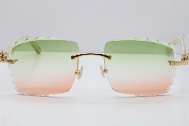 Cartier Rimless 8300816 Original White Genuine Natural Sunglasses In Gold Green Mix Brown Carved Lens