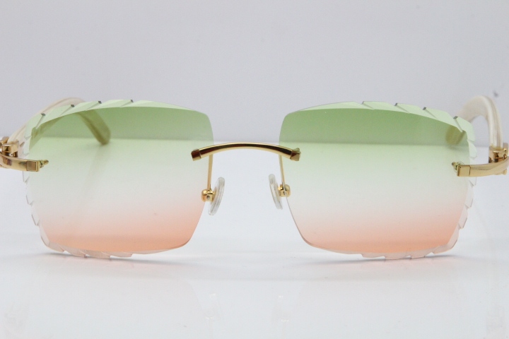 Cartier Rimless 8300816 Original White Genuine Natural Sunglasses In Gold Green Mix Brown Carved Lens