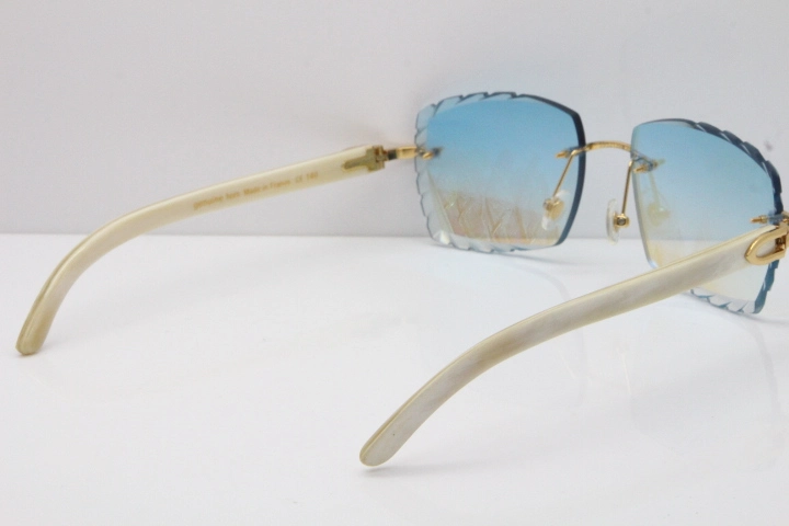 Cartier Rimless 8300816 Original White Genuine Natural Sunglasses In Gold Ice Blue Carved Lens