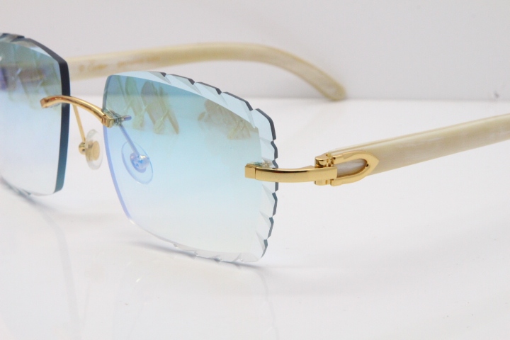 Cartier Rimless 8300816 Original White Genuine Natural Sunglasses In Gold Ice Blue Carved Lens