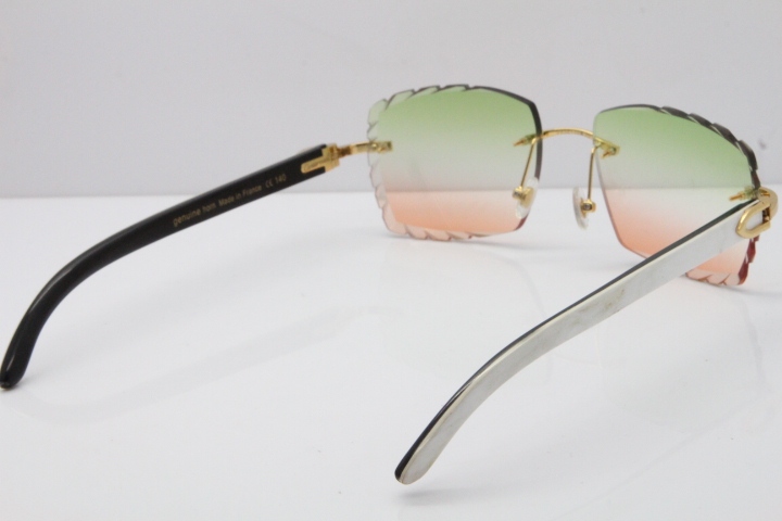 Cartier Rimless 8300816 Original White inside Black Buffalo Horn Sunglasses In Gold Green Mix Brown Carved Lens