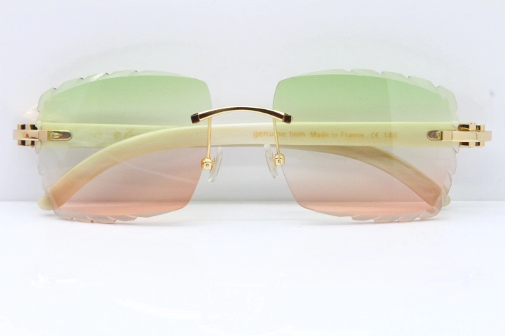 Cartier Rimless 8300816 Original White Genuine Natural Sunglasses In Gold Green Mix Brown Carved Lens