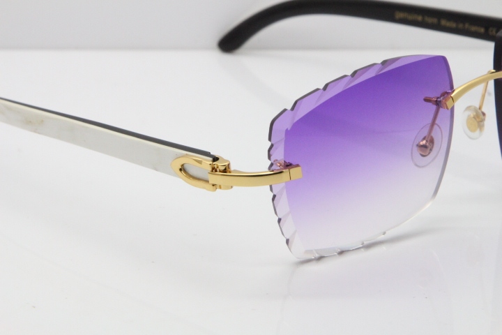 Cartier Rimless 8300816 Original White inside Black Buffalo Horn Sunglasses In Silver Purple Carved Lens