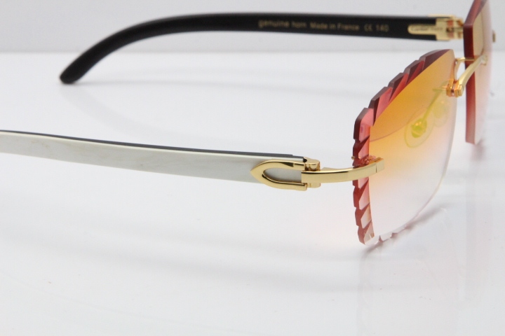 Cartier Rimless 8300816 Original White inside Black Buffalo Horn Sunglasses In Silver Mirror Red Carved Lens