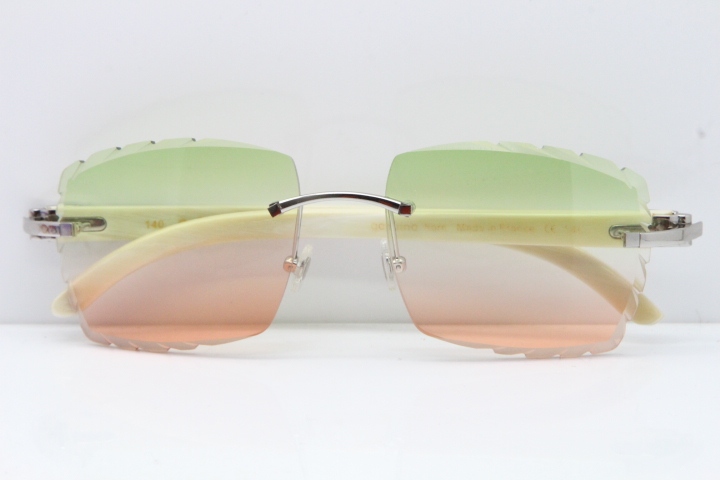 Cartier Rimless 8300816 Original White Genuine Natural Sunglasses In Gold Green Mix Brown Carved Lens
