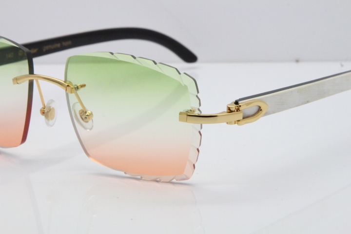 Cartier Rimless 8300816 Original White inside Black Buffalo Horn Sunglasses In Gold Green Mix Brown Carved Lens