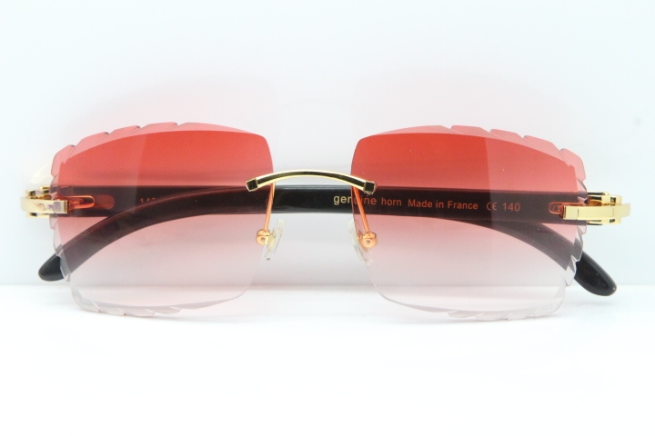 Cartier Rimless 8300816 Original White inside Black Buffalo Horn Sunglasses In Gold Red Carved Lens