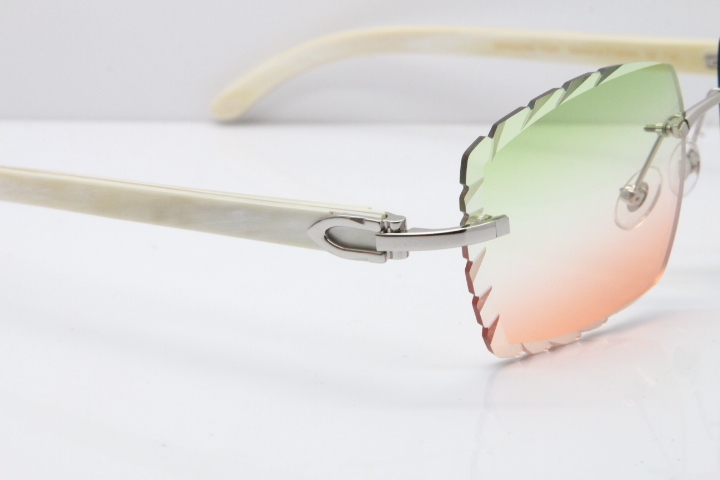 Cartier Rimless 8300816 Original White Genuine Natural Sunglasses In Gold Green Mix Brown Carved Lens