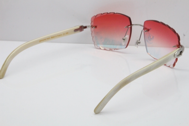 Cartier Rimless 8300816 Original White Genuine Natural Sunglasses In Gold Mirror Red Carved Lens