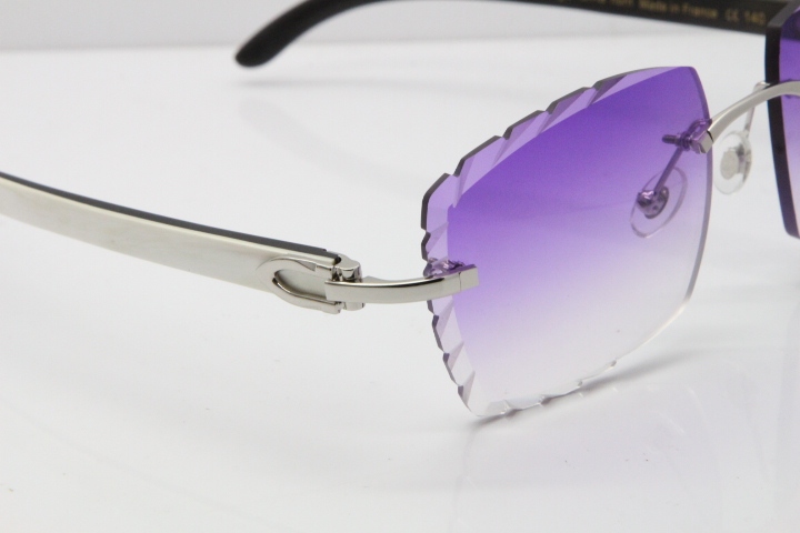 Cartier Rimless 8300816 Original White inside Black Buffalo Horn Sunglasses In Silver Purple Carved Lens