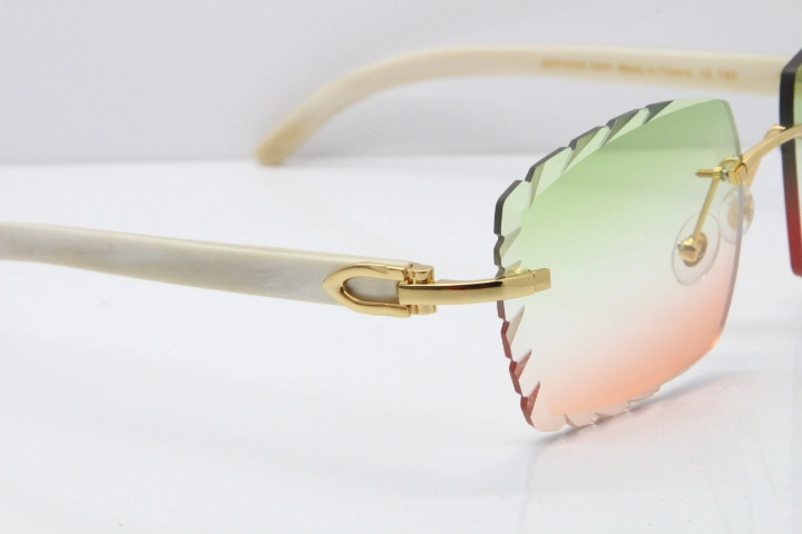 Cartier Rimless 8300816 Original White Genuine Natural Sunglasses In Gold Green Mix Brown Carved Lens