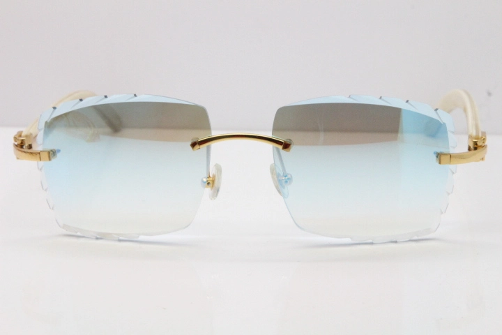 Cartier Rimless 8300816 Original White Genuine Natural Sunglasses In Gold Ice Blue Carved Lens