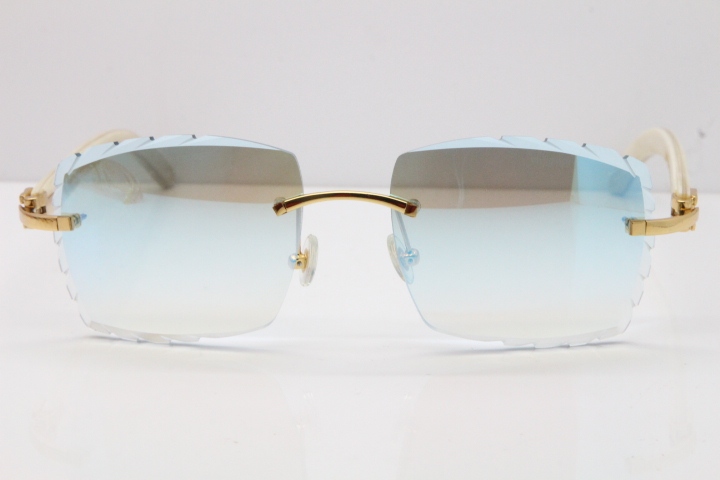 Cartier Rimless 8300816 Original White Genuine Natural Sunglasses In Gold Ice Blue Carved Lens