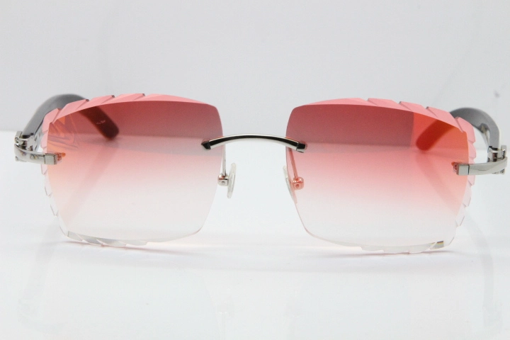 Cartier Rimless 8300816 Original White inside Black Buffalo Horn Sunglasses In Silver Mirror Red Carved Lens