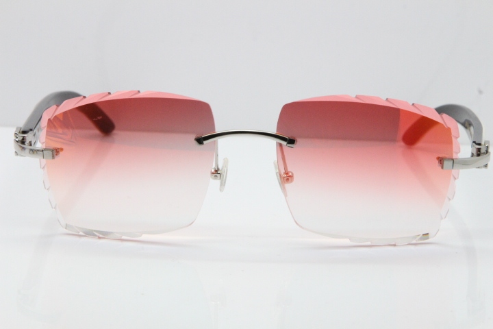 Cartier Rimless 8300816 Original White inside Black Buffalo Horn Sunglasses In Silver Mirror Red Carved Lens