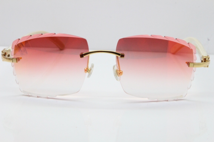 Cartier Rimless 8300816 Original White Genuine Natural Sunglasses In Gold Mirror Red Carved Lens