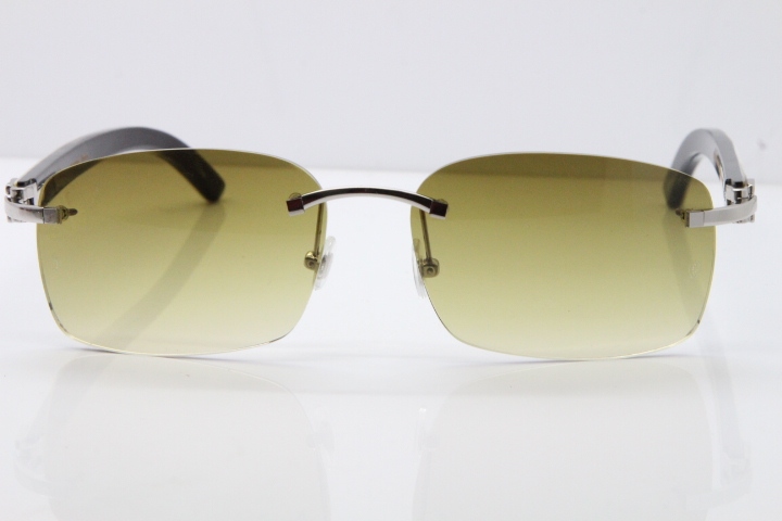 Cartier Rimless 8200759 Original White Inside Black Buffalo Horn Sunglasses in Gold Brown Lens