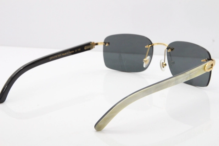 Cartier Rimless 8200759 Original White Inside Black Buffalo Horn Sunglasses in Gold Dark Lens