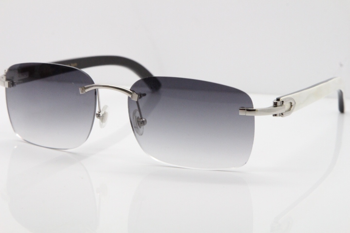 Cartier Rimless 8200759 Original White Inside Black Buffalo Horn Sunglasses in Silver Gray Lens