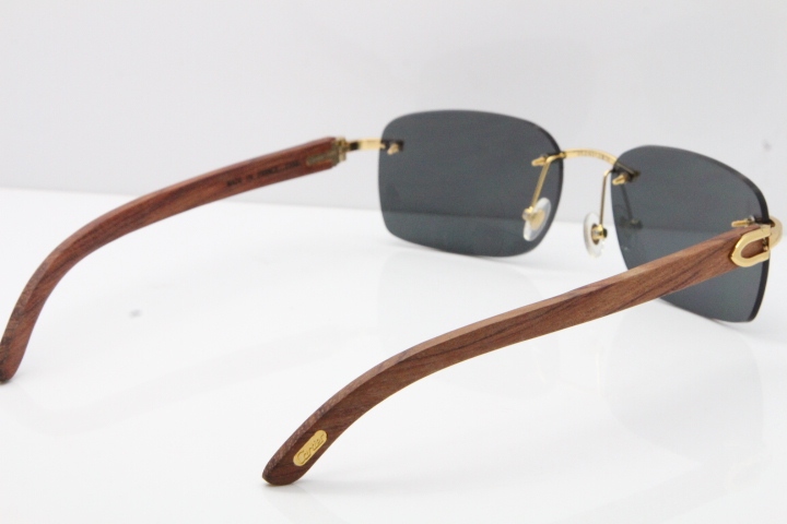 Cartier Rimless 8200759 Original Wood Sunglasses in Gold Dark Lens