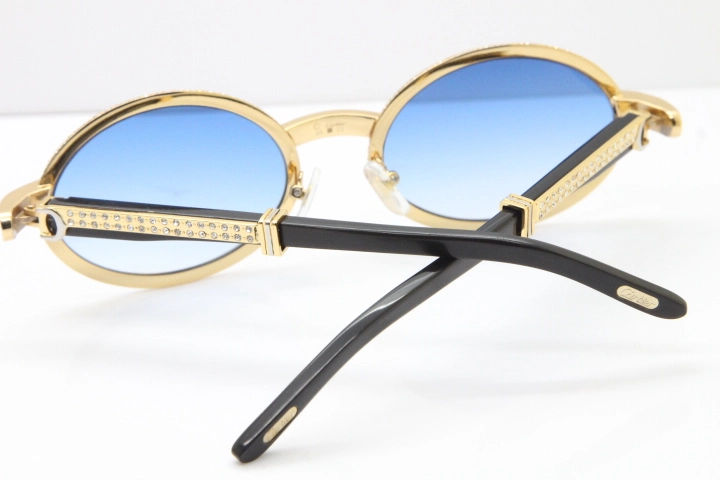 Cartier T7550178 Black Buffalo Horn Smaller Big Stones Vintage Sunglasses In Gold Blue Lens（Limited edition）