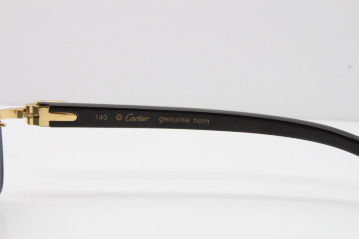 Cartier Rimless 8200759 Original White Inside Black Buffalo Horn Sunglasses in Gold Dark Lens