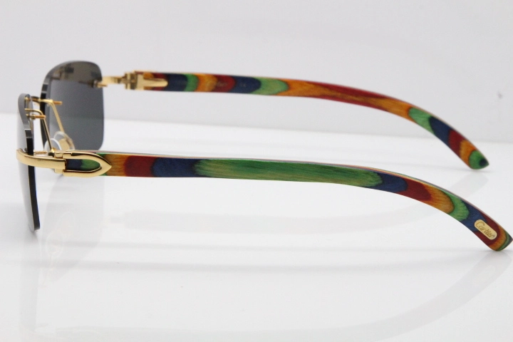 Cartier Rimless 8200759 Original Peacock Wood Sunglasses in Gold Brown Lens
