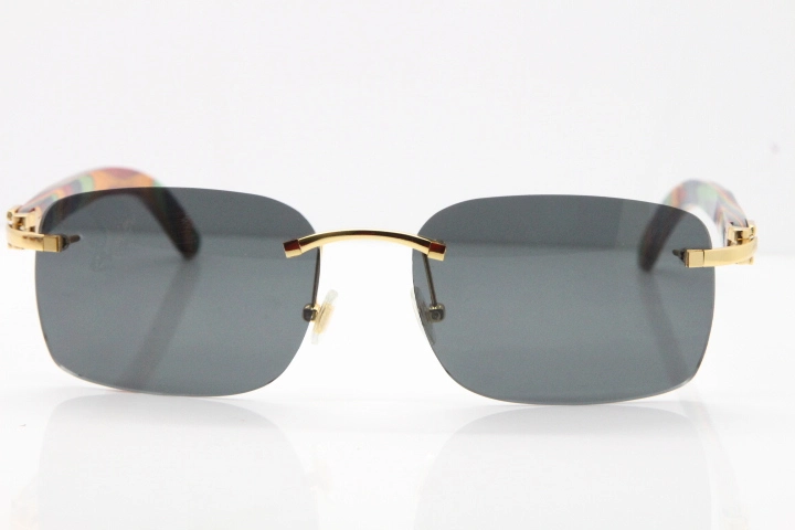 Cartier Rimless 8200759 Original Peacock Wood Sunglasses in Gold Dark Lens