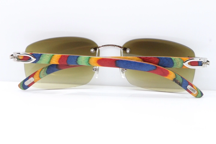 Cartier Rimless 8200759 Original Peacock Wood Sunglasses in Gold Brown Lens