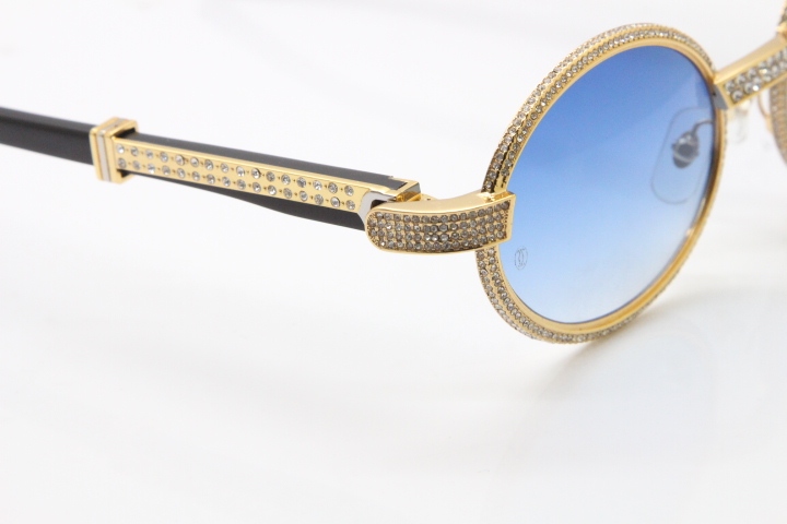 Cartier T7550178 Black Buffalo Horn Smaller Big Stones Vintage Sunglasses In Gold Blue Lens（Limited edition）