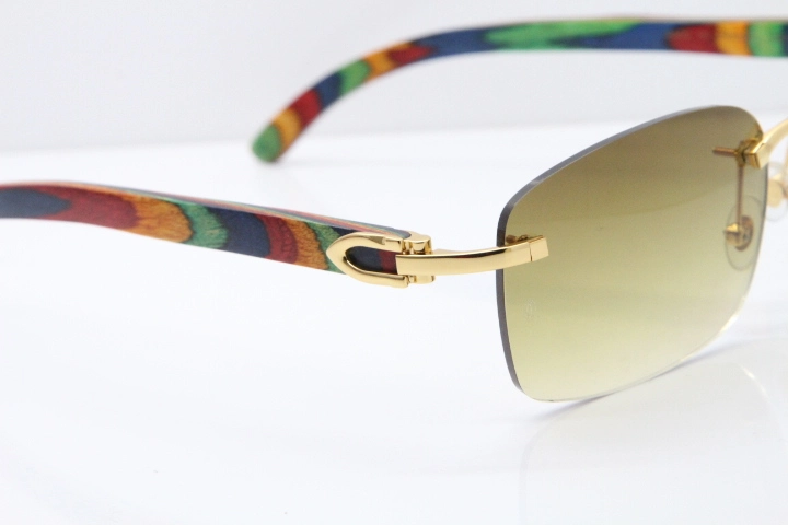 Cartier Rimless 8200759 Original Peacock Wood Sunglasses in Gold Brown Lens