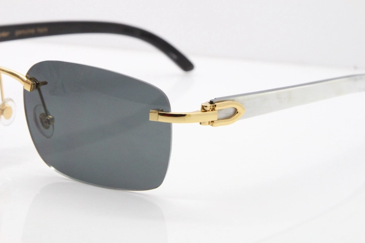 Cartier Rimless 8200759 Original White Inside Black Buffalo Horn Sunglasses in Gold Dark Lens