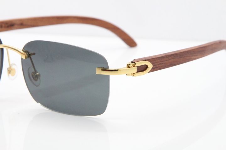 Cartier Rimless 8200759 Original Wood Sunglasses in Gold Dark Lens