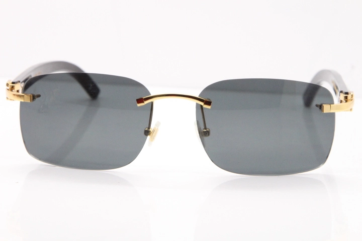 Cartier Rimless 8200759 Original White Inside Black Buffalo Horn Sunglasses in Gold Dark Lens