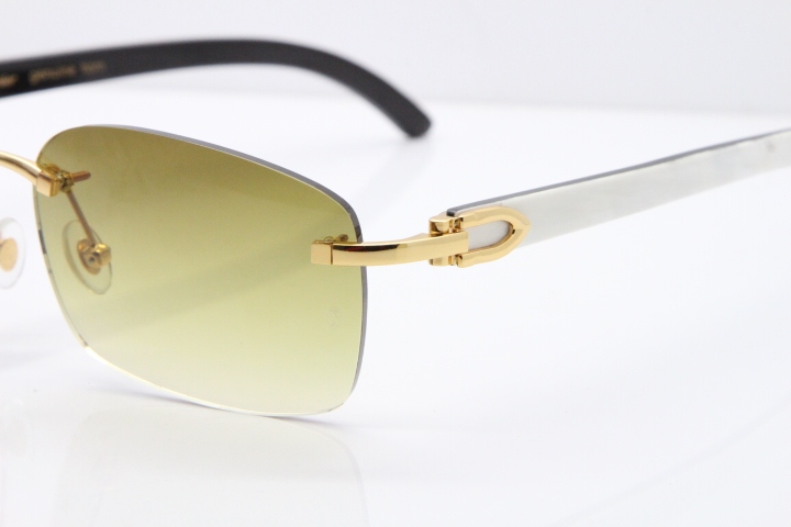 Cartier Rimless 8200759 Original White Inside Black Buffalo Horn Sunglasses in Gold Brown Lens