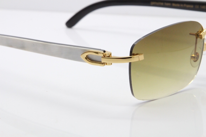 Cartier Rimless 8200759 Original White Inside Black Buffalo Horn Sunglasses in Gold Brown Lens