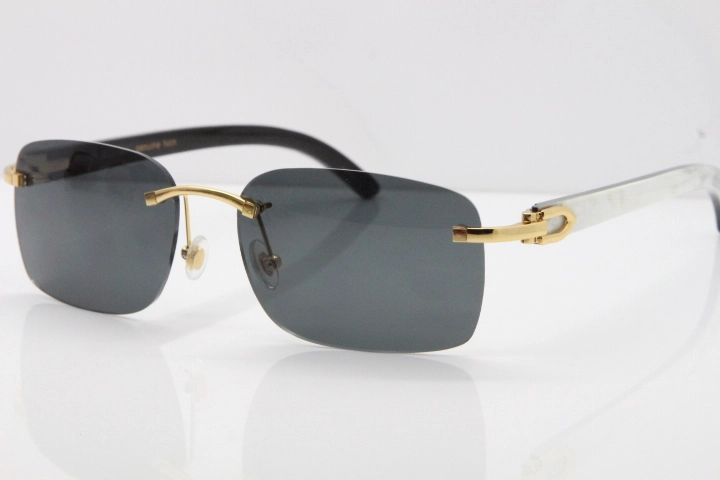 Cartier Rimless 8200759 Original White Inside Black Buffalo Horn Sunglasses in Gold Dark Lens