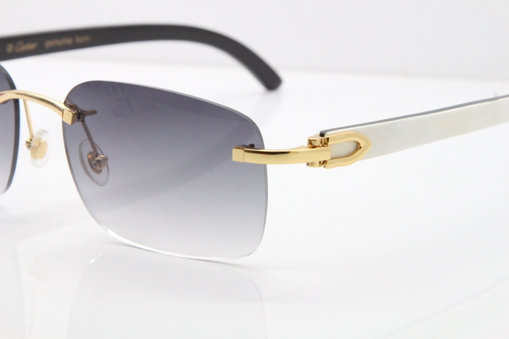 Cartier Rimless 8200759 Original White Inside Black Buffalo Horn Sunglasses in Silver Gray Lens