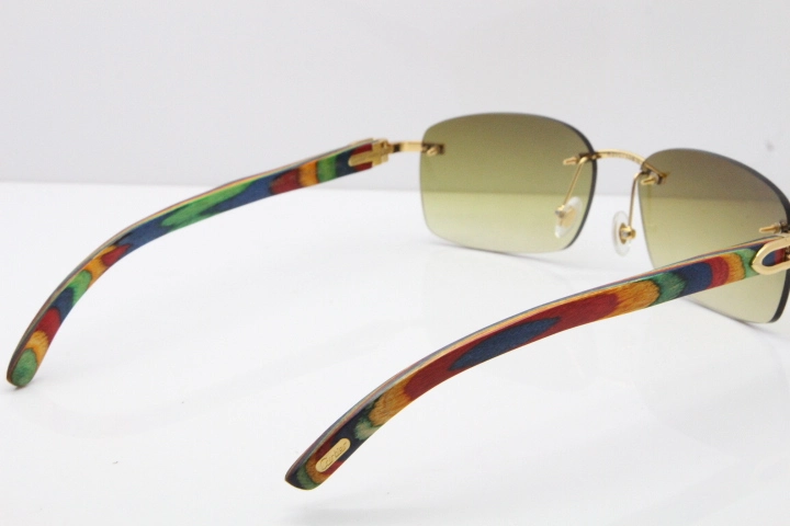 Cartier Rimless 8200759 Original Peacock Wood Sunglasses in Gold Brown Lens