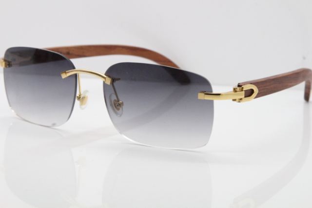 Cartier Rimless 8200759 Original Wood Sunglasses in Gold Gray Lens