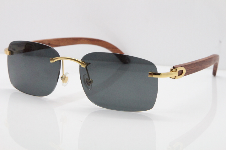 Hot Cartier 18k Gold Rimless Carved Wood Trimming Lens Sun Glasses Wood Sunglasses 8200760 