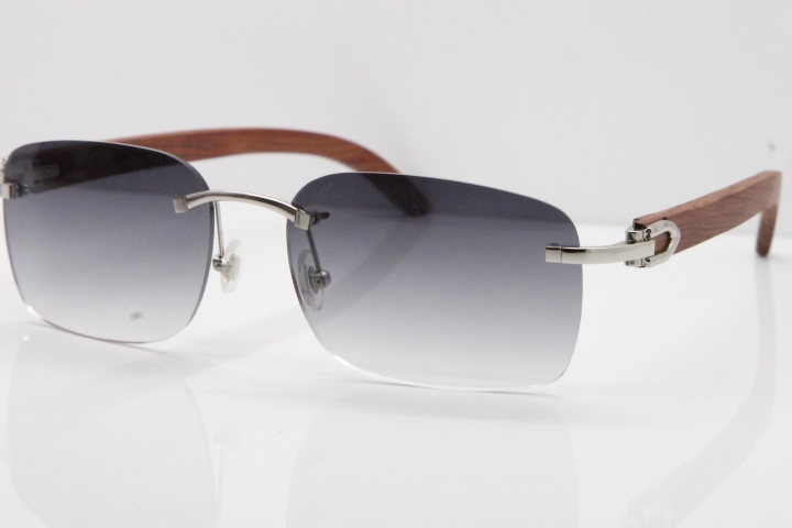 Cartier Rimless 8200759 Original Wood Sunglasses in Gold Gray Lens