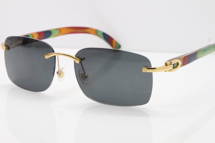 Cartier Rimless 8200759 Original Peacock Wood Sunglasses in Gold Dark Lens