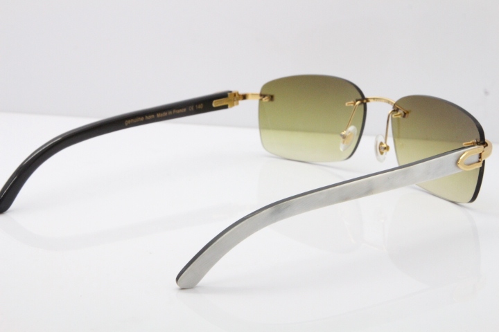 Cartier Rimless 8200759 Original White Inside Black Buffalo Horn Sunglasses in Gold Brown Lens