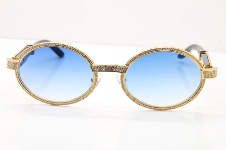 Cartier T7550178 Black Buffalo Horn Smaller Big Stones Vintage Sunglasses In Gold Blue Lens（Limited edition）