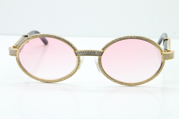 Cartier T7550178 White Inside Black Buffalo Horn Smaller Big Stones Vintage Sunglasses In Gold Pink Lens（Limited edition）