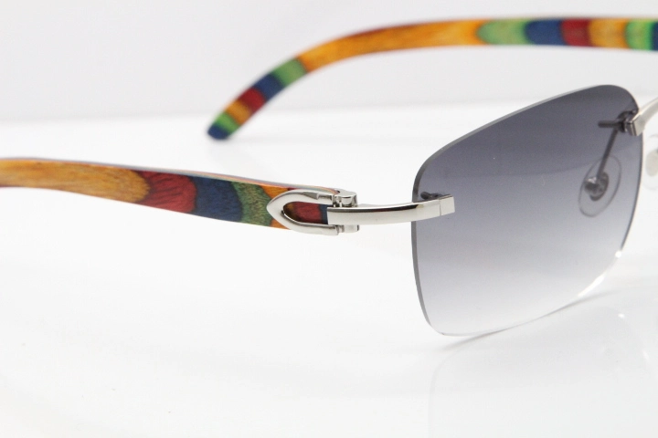 Cartier Rimless 8200759 Original Peacock Wood Sunglasses in Gold Brown Lens